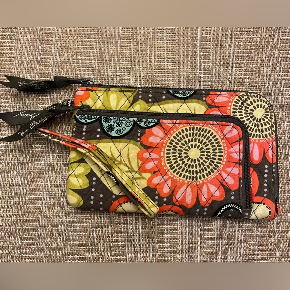 Vera Bradley Floral Wristlet in Brown, Orange, Yellow, Aqua